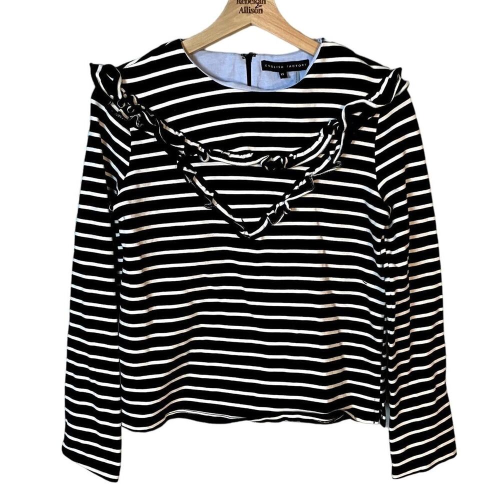 English Factory Black & White Striped All Day Long Sleeve Ruffled Blouse Size XS